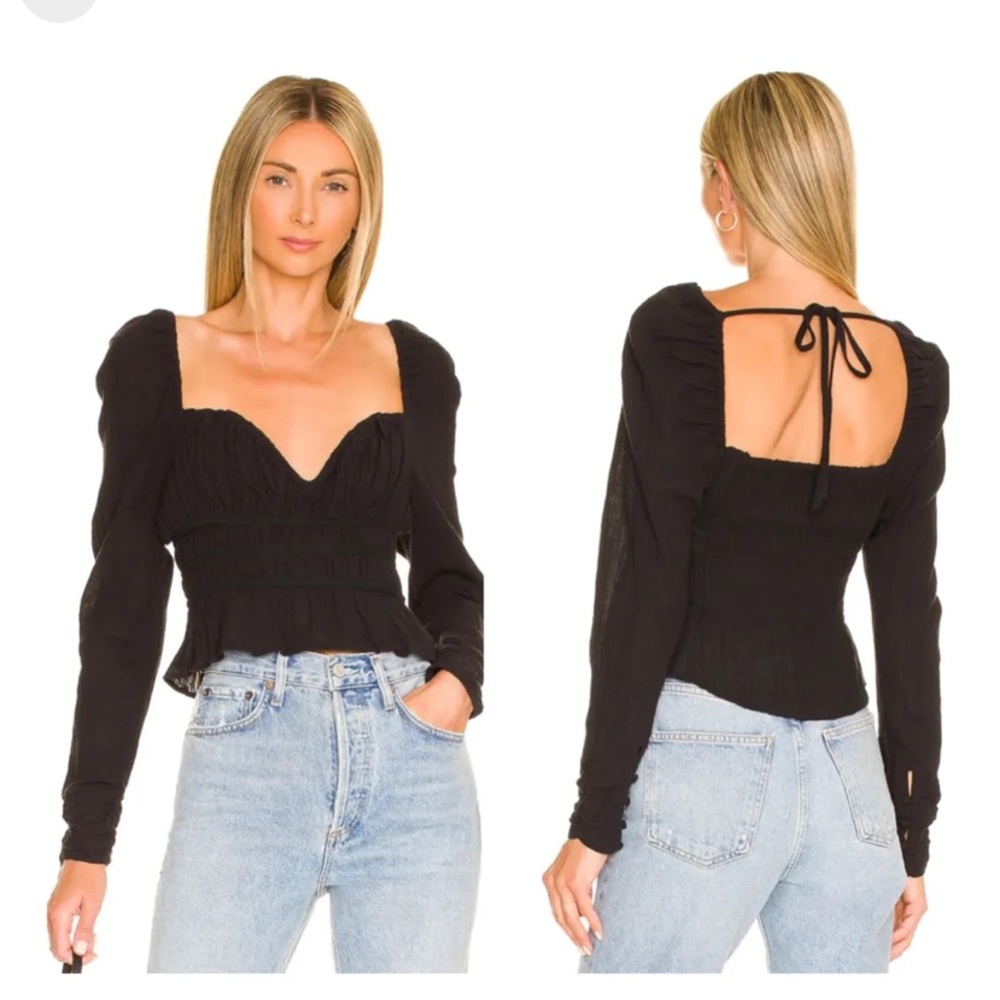 Free People Black Long-Sleeve Smocked Crop Top